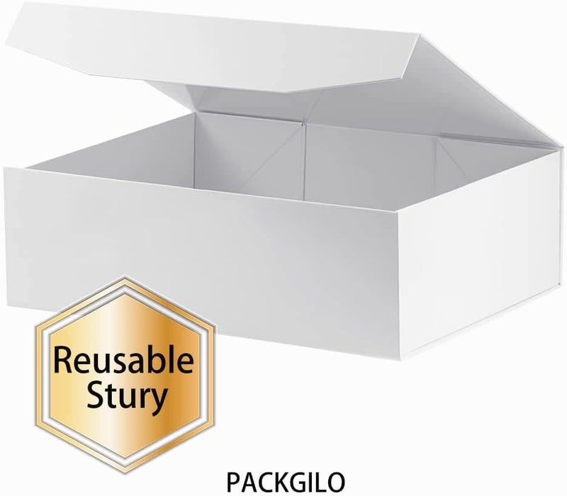 PACKGILO 1 Pcs White Extra Large Gift Box with Lid, 16.5 x 13 x 5.3 Inches, Hard Magnetic Giant Gift Boxes for Presents Clothes Robe Wedding Dress Sweater,Reusable Foldable Bridesmaid Proposal Box - Image 5